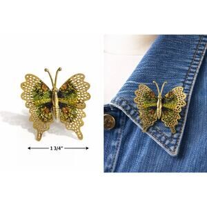 Vintage Butterfly Brooch Pin Gold Tone Filigree Enamel Glitter Lightweight